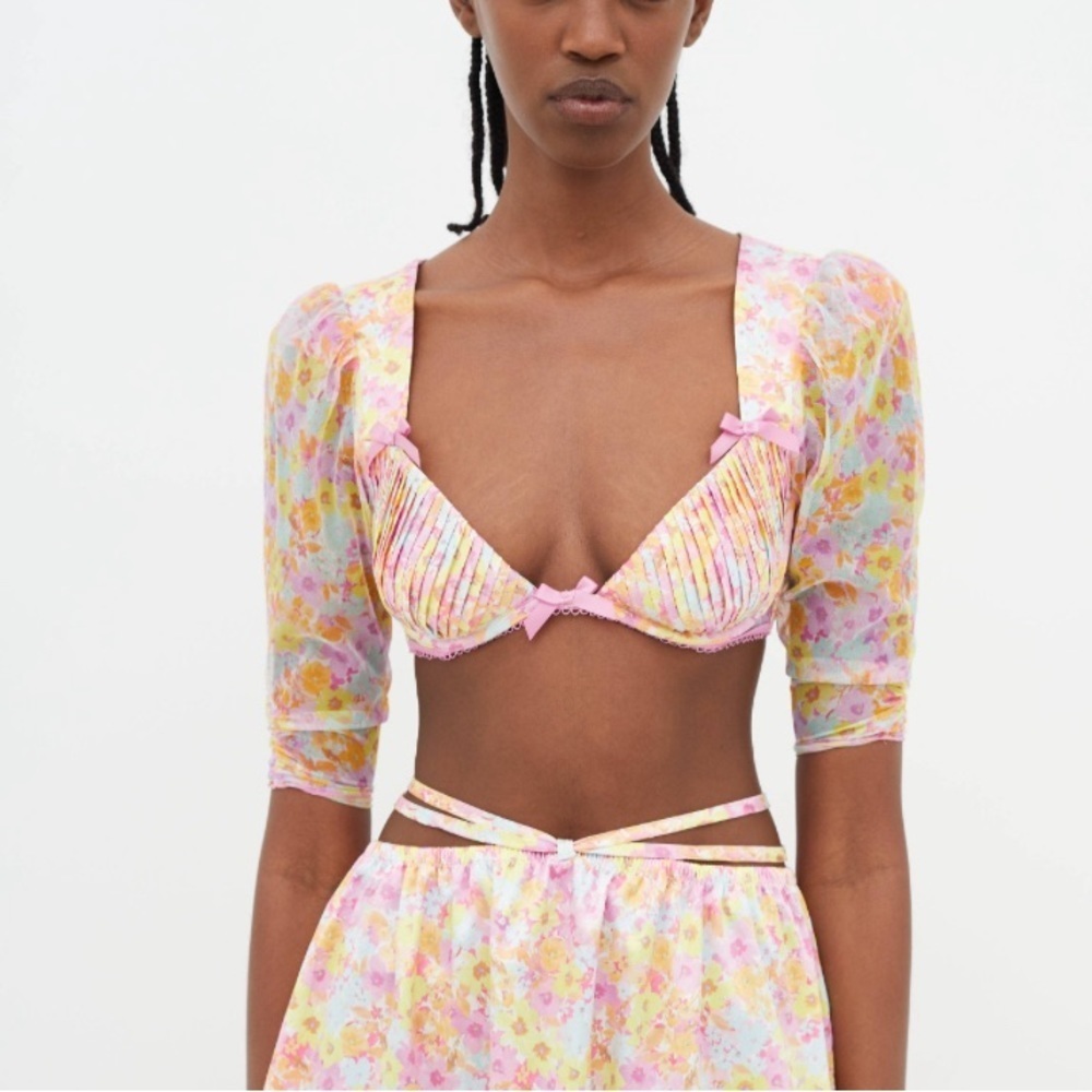 For Love & Lemons Satin Floral Crop Top Puff Shoulder Pink M Fairy whimsical